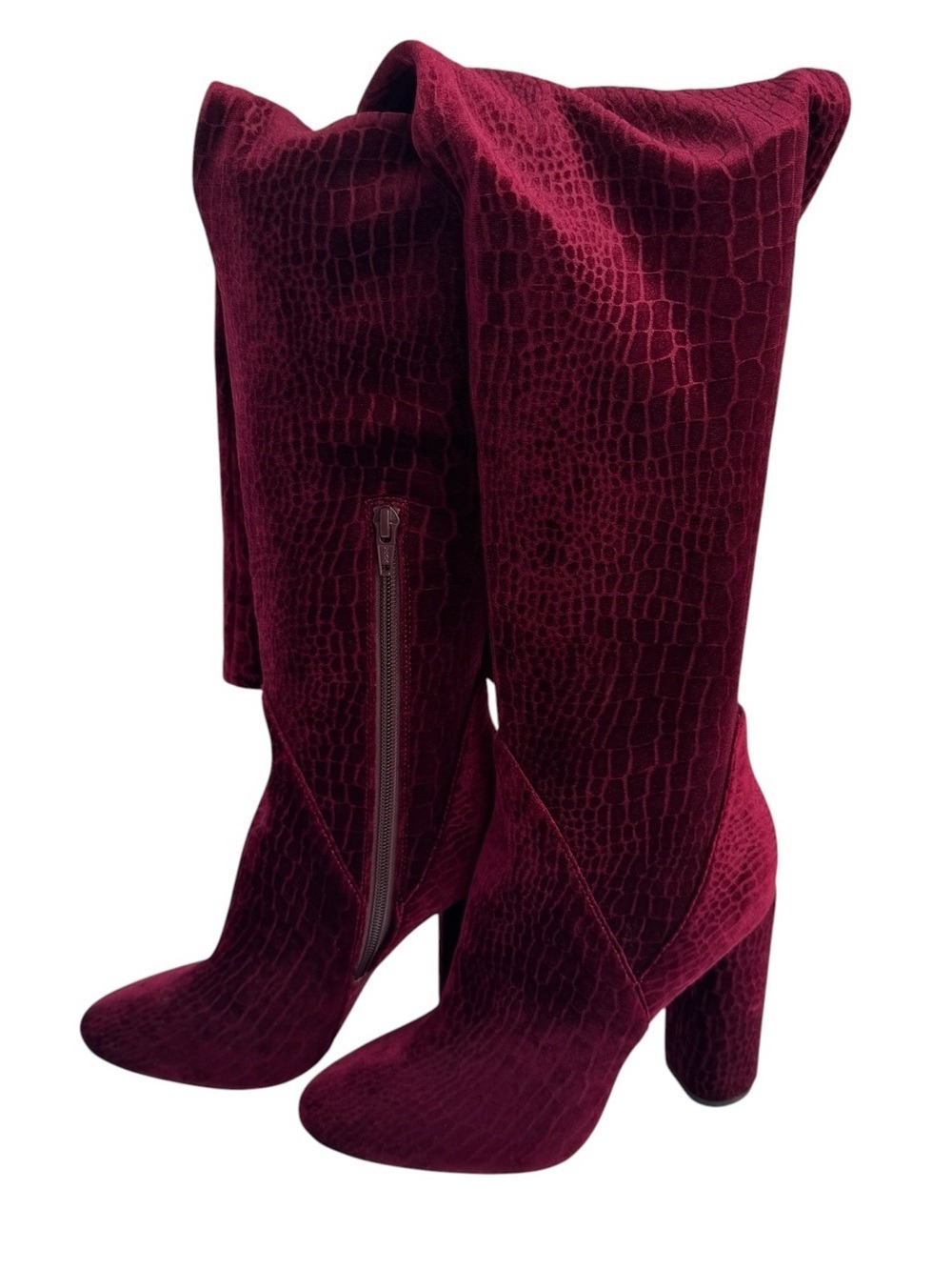 Aldo Red Wine Velvet Snakeskin Embossed Over The Knee Boots Sz 7.5 Chunky Heel